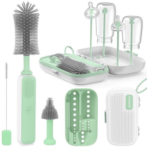 Yasew Electric Bottle Brush Cleaner, Baby Bottle Brush Travel Set, 360° Efficient Cleaning, 2000 mAh Battery, Travel Bottle Brush Set with Drainage Rack and Storage Box, Baby Travel Essential Grey