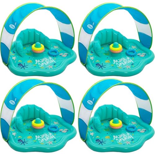 SwimSchool Baby Splash Play Mat with Adjustable Canopy – Inflatable Play Pool for Babies & Infants with Backrest – Includes Baby Water Toy Rings