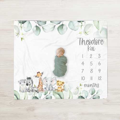 Safari Animal Milestone Blanket Boy Monthly Photos Blanket-Personalized Baby Boy Blanket with Watercolor Safari Animals Baby Shower Gift 330