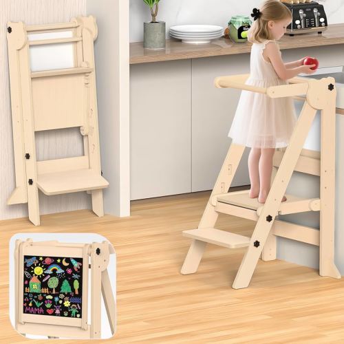 Foldable Toddler Tower, Wooden Toddler Kitchen Stool with 3 Adjustable Heights and Removable White/Blackboard, Montessori Foldable Learning Tower Kitchen Stool, Natural Wood