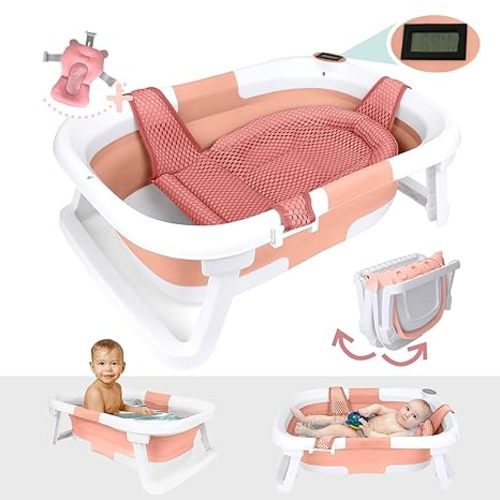 BEBELEH™ Collapsible Baby Bathtub with Thermometer – Bathtub + Baby tub Sling + Newborn Sling – Baby Bathtub Newborn to Toddler 0-24 Months – The Ultimate Baby Bath tub! (with Thermometer,Pink)