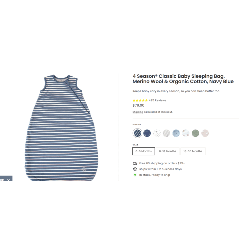 4 Season® Classic Baby Sleeping Bag, Merino Wool & Organic Cotton, Navy Blue