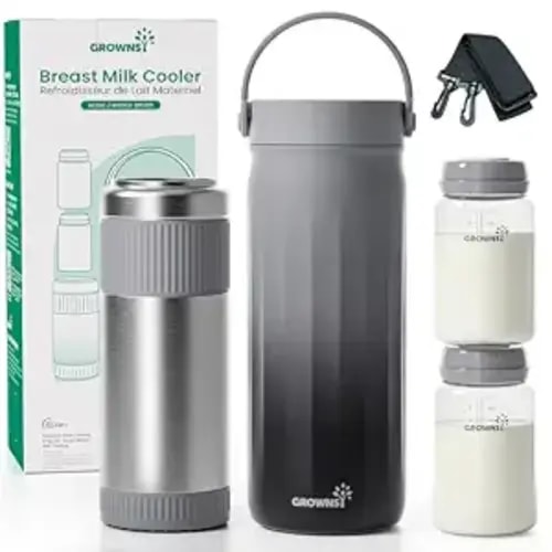 Grownsy 22oz Portable Breast Milk Cooler with 2 Bottles for Work & Travel | 360 Cooling, Keep Fresh Breastmilk 24H, No Ice Crystals, Leakproof Steel Core, Dishwasher Safe, Baby Breastfeeding Essential