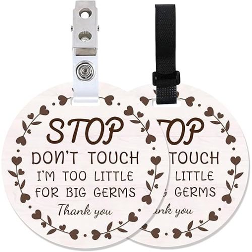 PLIGREAT 2 Pack Stop Don't Touch Baby Car Seat Signs, No Touching Sign for Newborn Boy Girl, Stop Kissing Reminder Signage for Carrier With Hanging Strap and Clip, Heart Wreath