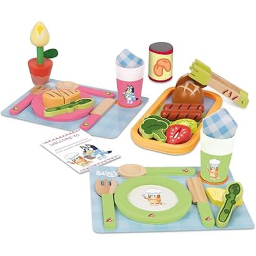Bluey Toy Fruits and Vegetables for Toddlers, 32-Piece Pretend Food with Plates, Utensils, Baby Play Food & Wooden Toy Fun