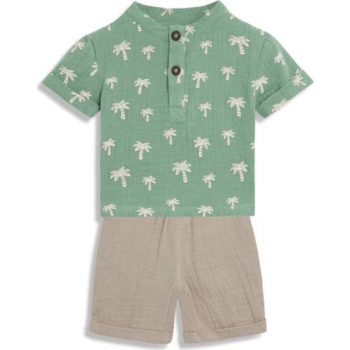Palm Tree Cotton Gauze Henley & Shorts Set, 3-6M