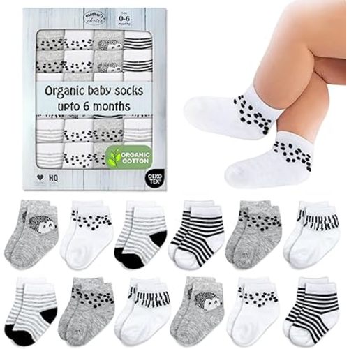 Mother's Choice Organic Cotton Baby Socks 6-12 Months - 12 pairs Unisex, Infant White Socks With Grips, Soft 12 Months Girls & Boy Sock, Play & Gap Baby Slipper Sock Girl Sock for Babies Registry