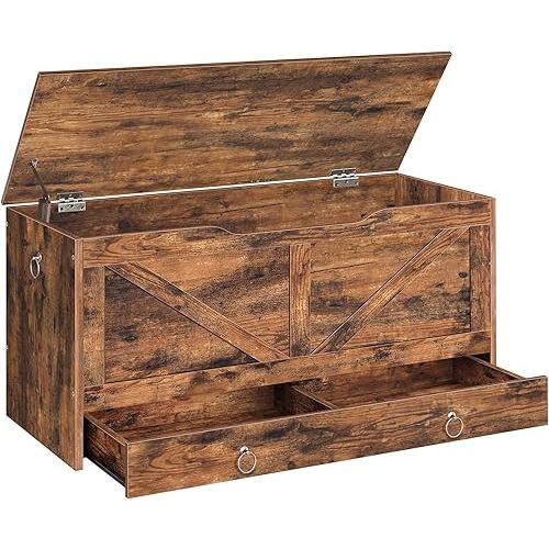 HOOBRO Storage Chest, 39.3" Toy Chest with Drawer, Wooden Storage Bench, Sturdy Entryway Bench Supports 220 lb, Shoe Bench, Safety Hinge, U-Shaped Opening, Easy Assembly, Rustic Brown FG710CW01
