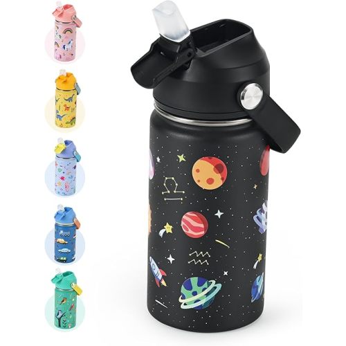 Kids Water Bottle 14oz with Silicone Straw Lid - Insulated Water Bottle Stainless Steel Keep Cold 24H, Leak Proof & Universe Prints Design | Custom Name Stickers for School, Daycare, Travel (Black)