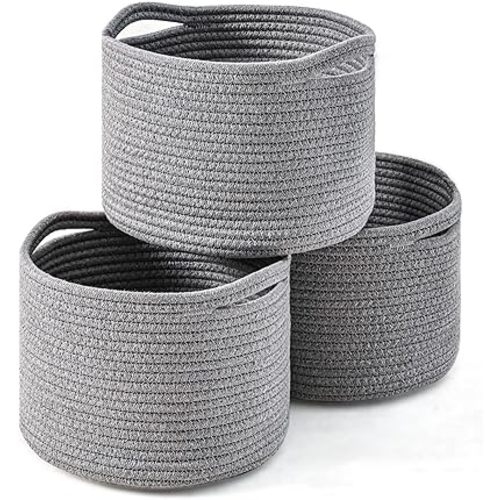 Small Storage Baskets for Organizing, Organizer Baskets for Shelves, Small Woven Basket for Storage, Cute Basket for Gifts Empty, Soft Cotton Rope Baskets, 9.7"×9.7"×7" (3 Packs) Grey