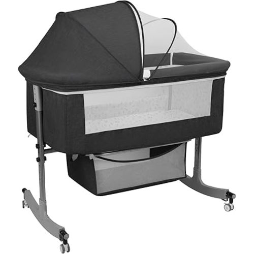 3-in-1 Bedside Crib Bassinet, 6-Level Height Adjustable Baby Crib with Wheels, Net & Storage Basket, Portable Convertible Newborn Infant Cradle Black