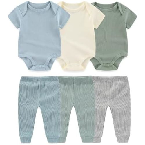 Ruliby Baby Bodysuit and Pant Set 6-pcs Ribbed Soft Infant Boy Girl Clothes
