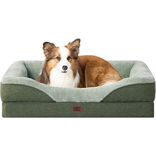 EHEYCIGA Memory Foam Dog Bed for Medium Size, Orthopedic Dog Sofa with Sides and Waterproof Liner, Washable Bolster Pet Couch with Removable Cover, 35x22x6.5 Inch, Green