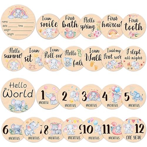 Baby Monthly Milestone Cards Signs - 13 Double Sided Little Elephant Milestone Cards, "Hello" Wooden Circles Discs for Photo Props Elephant Newborn Announcement Marker, Baby Shower Newborn Sign Gift