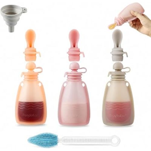 PandaEar 3 Pack Reusable Silicone Baby Food Pouches Pouches for Toddler Kids with 3 Silicone Puree Feeder Spoon BPA-Free Silicone Refillable Baby Food Storage 5.5oz(Dark Pink/Light Pink/Linen)