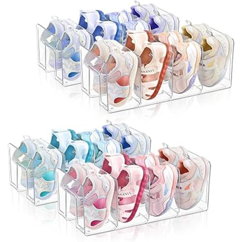 Kids Shoe Organizer Stackable: Clear Acrylic Baby Shoe Rack with Dividers - Closet Storage for Toddlers & Nursery Use (4 Pack)