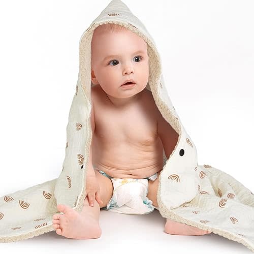 Organic Cotton Baby Bath Towel with Ultra Soft Muslin and Absorbent Flannel Lining Hooded Baby Towel, Breathable, and Perfect for Boys and Girls, (30x30 inches, Rainbow Pattern)