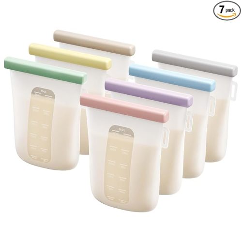 Nuliie 7 Pcs Reusable Silicone Breastmilk Storage Bags, 12oz/360ml Double Leak-Proof, BPA Free Self-Standing Milk Bags for Breastfeeding, Baby Food Pouches