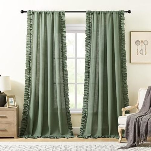 Dark Sage Green Farmhouse Curtains for Bedroom,2 Panels W47 x L54 Inch Light Filtering Semi-Sheer Cottagecore Linen Curtains Rod Pocket Vintage Shabby Chic French Country Privacy Ruffled Window Drapes