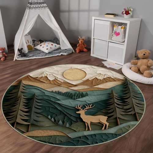 Woodland Deer Round Rug - Forest Animal Nursery Carpet, Kids Mountain Play Mat, Rustic Cabin Rug, Nursery Decor, Playroom Rug, Baby Room Rug