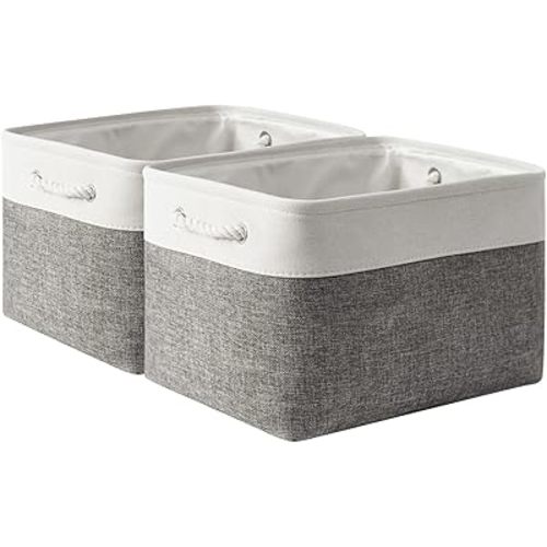 Storage Basket for Shelves - 17X15X12 inch 2 Pack Fabric Cube Storage Bin Collapsible Baskets for Organizing with Rope, Storage Box for Cloth Decorative (White & Grey)