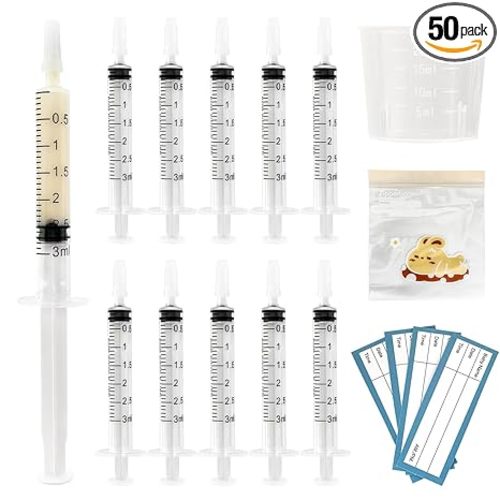 50 Sets Colostrum Syringes,3mL Colostrum Collector Kits Include 50PC 3ml Sterile Syringe with Cap, Sticker, Clear ziplock Bag and a Measuring Cup