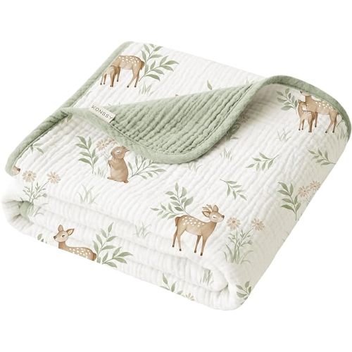 Konssy Muslin Baby Blankets for Girls Boys, 100% Cotton Crib Blanket for Infant Toddler, Super Soft and Lightweight Nursery Swaddling Wrap 40"x36" (Woodland)
