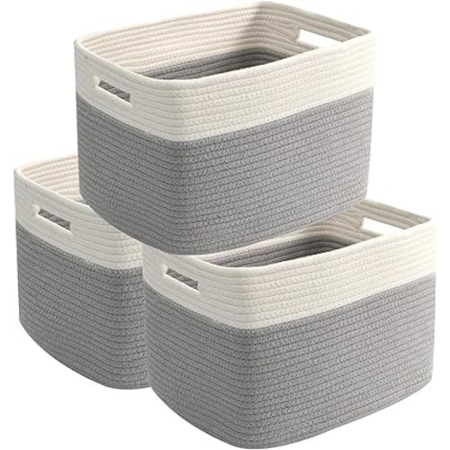 3 Pack Woven Rope Storage Baskets for Organizing,13.5"×11"×9.5" Storage Bins for Shelves,Perfect for Toys,Books,Towels,Clothes,Empty Gift Baskets for Nursery,Living Room&Bedroom(White&Grey)