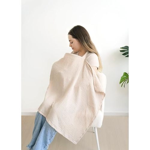 Muslin Nursing Covers for Breastfeeding, Privacy Breast Feeding Cover with Arch Neckline for Mom and Baby, Breathable 100% Cotton Nursing Apron Multi-use Stroller Cover (Ivory)