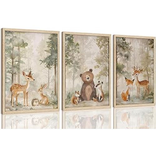 LHHJDIO 3 Piece OAK Wood Framed Wall Art Woodland Wall Decor Animals Canvas Art Deer Hedgehog Fox Bear Pictures Forest Paintings Wildlife Artwork Vintage Prints For For Nursery Children Kids Boys Room