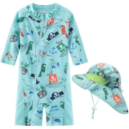 Baby Boy Swimsuit Rash Guard Toddler Sun Protection Swimwear Infant One Piece Bathing Suit with Sun Hat