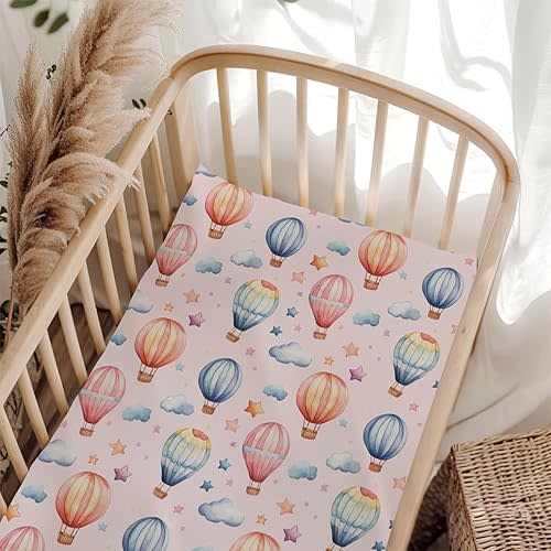 Cute Hot Air Balloon Pink Fitted Crib Sheet for Baby Girls Boys 52x28x9 in Soft Breathable Stretchy Colorful Cloud Stars Sky Fitted Crib Sheet Fits Standard Cribs and Toddler Mattresses Star One Size