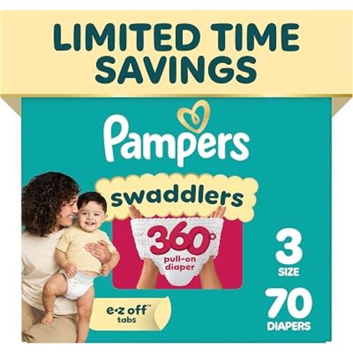 Pampers Diapers - Swaddlers 360° - Size 3, 70 Count, up to 100% Leakproof Comfy Dry Fit, Designed for Easy Changes, Pull On Baby Diaper (Packaging May Vary)