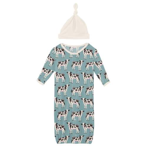 Print Layette Gown Converter &amp; Single Knot Hat Set in Jade Cows