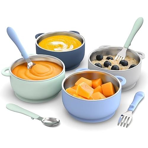 Toddler Feeding Suction Bowls and Utensils Set, 2-in-1 Stainless Steel 304 Kids Bowl & Silicone Suction Baby Bowl with Spoons and Forks, First Self-feeding Training Set, Ocean Explorer