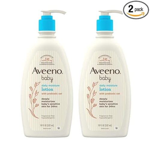 Aveeno Baby Daily Moisture Body Lotion for Sensitive Skin, Hypoallergenic Moisturizing Baby Lotion with Nourishing Oat to Deeply Moisturize Baby's Skin, Fragrance-Free, 18 fl. oz, 2 Pack