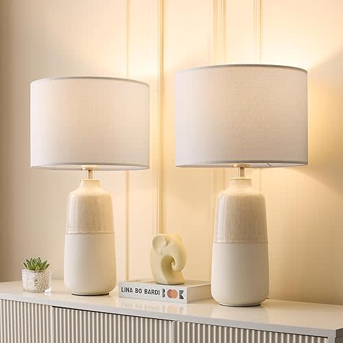 Tall Ceramic Table Lamp Set of 2, White Lamps for Bedroom Farmhouse Rustic Lamp Set Bedside Nightstand Lamps Set of Two Side Table Lamps for Living Room, 22IN