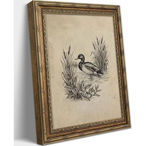 Vintage Gold Framed Wall Art, Vintage Mallard Duck Wall Art Decor - Rustic Cottagecore Lake House Picture Neutral Farmhouse Animal Gallery Canvas Prints for Living Room, Bedroom 9x11 Inch