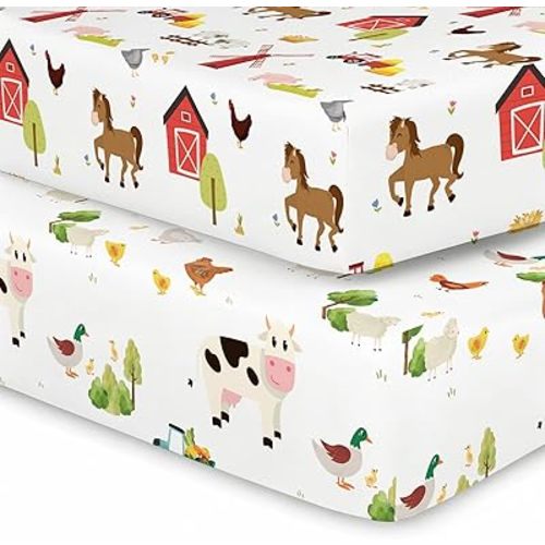 2 Pack Farm Animals Crib Sheets Neutral Newborn Nursery Farmhouse Standard Crib Fitted Sheet for Unisex Baby Girl or Boys (Crib, Farm Animals)