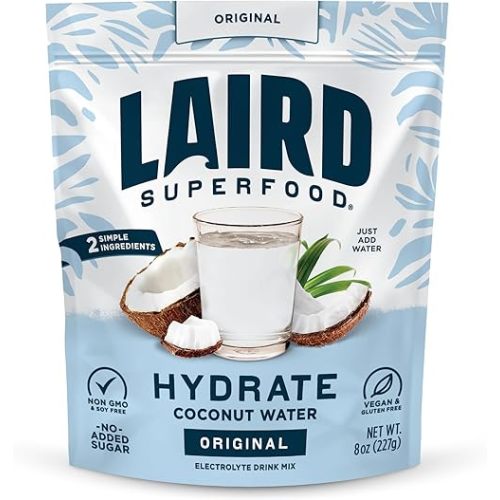 Laird Superfood HYDRATE Coconut Water Powder Drink Supplement with Coconut Water and Auqamin, All Natural, No Added Sugars, Gluten-Free, Non-GMO, Vegan, 8 oz. Bag, Pack of 1