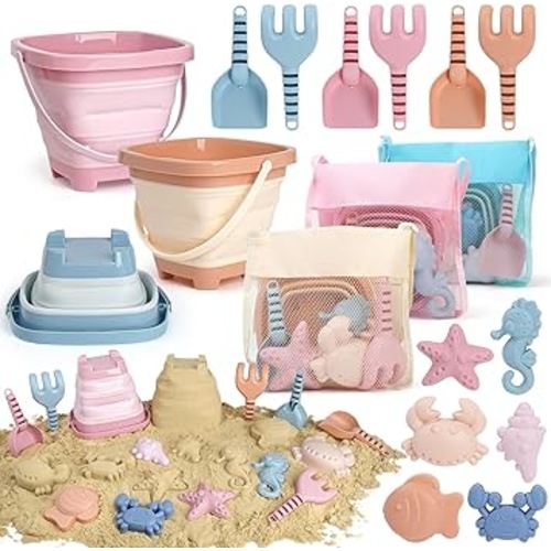 Dreamon Beach Toys Set for Kids 3-10, Collapsible Sand Buckets with Beach Molds and Mesh Bag, 3 Pack Shovels Set Sand Toys for Beach, Sandbox Travel Toys for Toddlers Kids