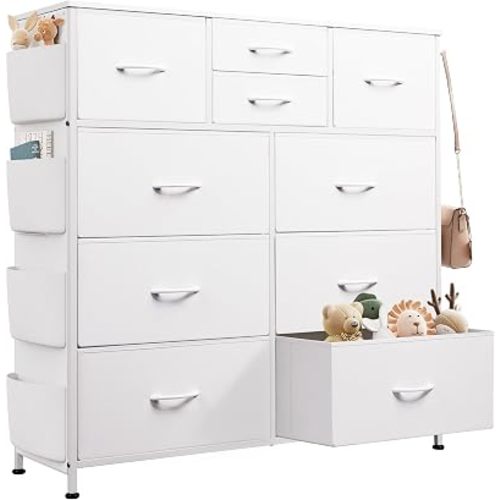 WLIVE 10 Drawer White Fabric Dresser for Bedroom, Side Pockets Chest
