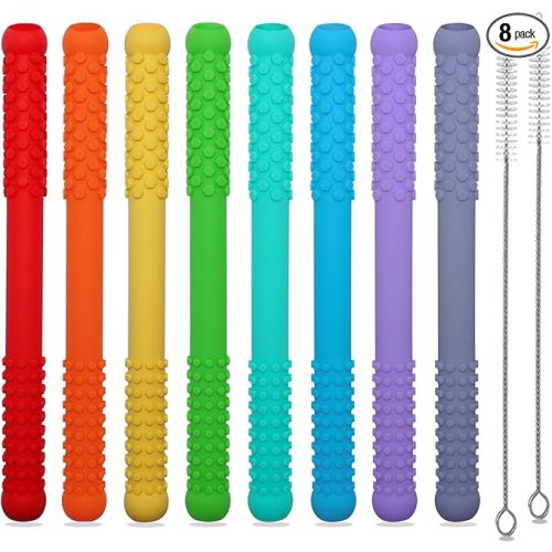 Teething Straws Sticks for Babies 6-12 12-18 Months, 8 Pack Teething Toys 3-6 Months, Silicone Teethers for Babies Toddlers Nursing Biting Chewing, Autism Chew Toys for Sensory Kids Teething Relief