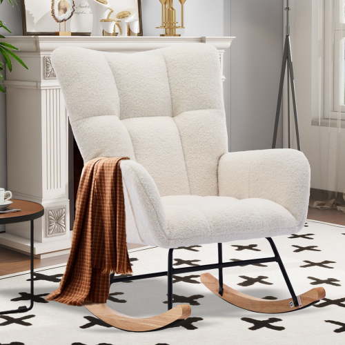 SENCHO GINSYTALIOR Nursery Rocking Chair Teddy Upholstered Glider Rocker,Rocking Accent Chair Padded Seat with High Backrest ,Solid Wood Legs for Nursery Bedroom Living Room(Beige)