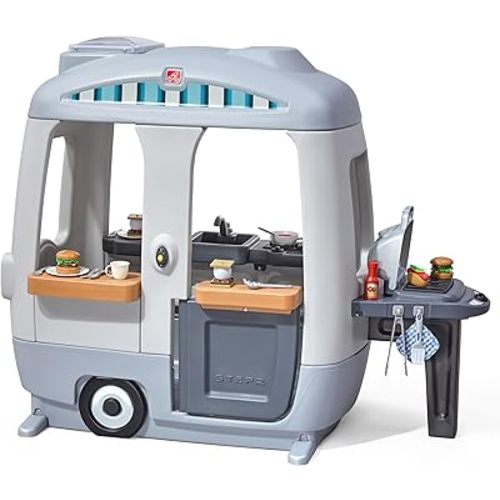 Step2 Adventure Camper Kids Playhouse, Indoor/Outdoor Playset with Kitchenette, Interactive Doorbell Sounds, 52-Piece Toy Accessories, Durable Plastic, For Toddlers 2+ Years