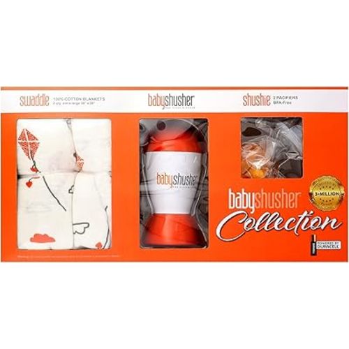 Baby Shusher Gift Set - Includes Portable White Noise Sound Machine, 2 Shushie Pacifiers, and 2 Cotton Swaddles, Travel Friendly Baby Soother for Developing Sleep Routines