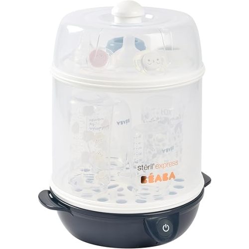BEABA Steril' Express 2-in-1 Baby Bottle Sterilizer, Fast Sterilization in 6 Minutes, Auto Shut Off Feature, Steam Sterilizer for Baby Bottles, Midnight