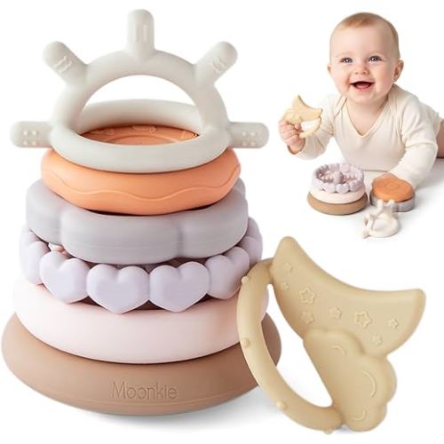Moonkie Stacks of Circles Soft Teething Toy | Educational Learning Baby Toy | Stacking Ring Toys for Babies Boy and Girl | 7 Piece Teethers Set (Nature)