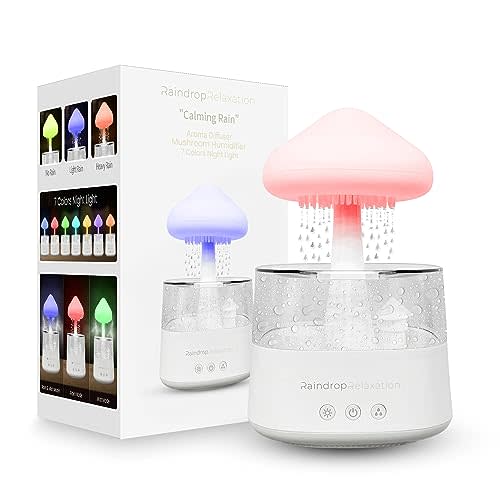 RaindropRelaxation - Mushroom Rain Humidifier – Water Drip & Essential Cloud Oil Diffuser for Home Aroma Bedroom Night Light Waterfall Lamp With Calming Sounds to Help Sleeping Stress, White