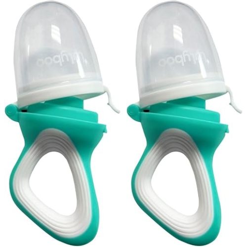 Lulyboo Silicone Baby Fruit Feeder 2 Pack with Mini Freezer Tray, Breastmilk Popsicle Molds for Baby Teething Relief, Fresh Food Feeder for Safe Infant Self Feeding, Extra Food Pouches